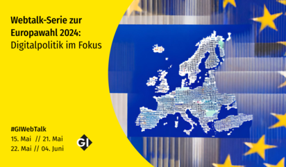 Landkarte der EU auf dunkelblauem Grund, daneben Informationen der Veranstaltung